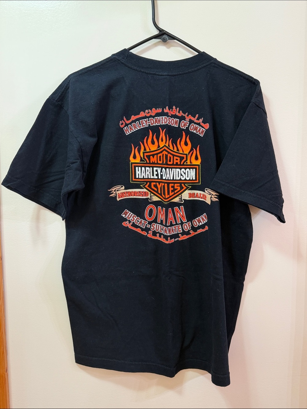 Harley-Davidson Oman, Muscat Black Tee with Orange and Red Flame Logo Large NWOT